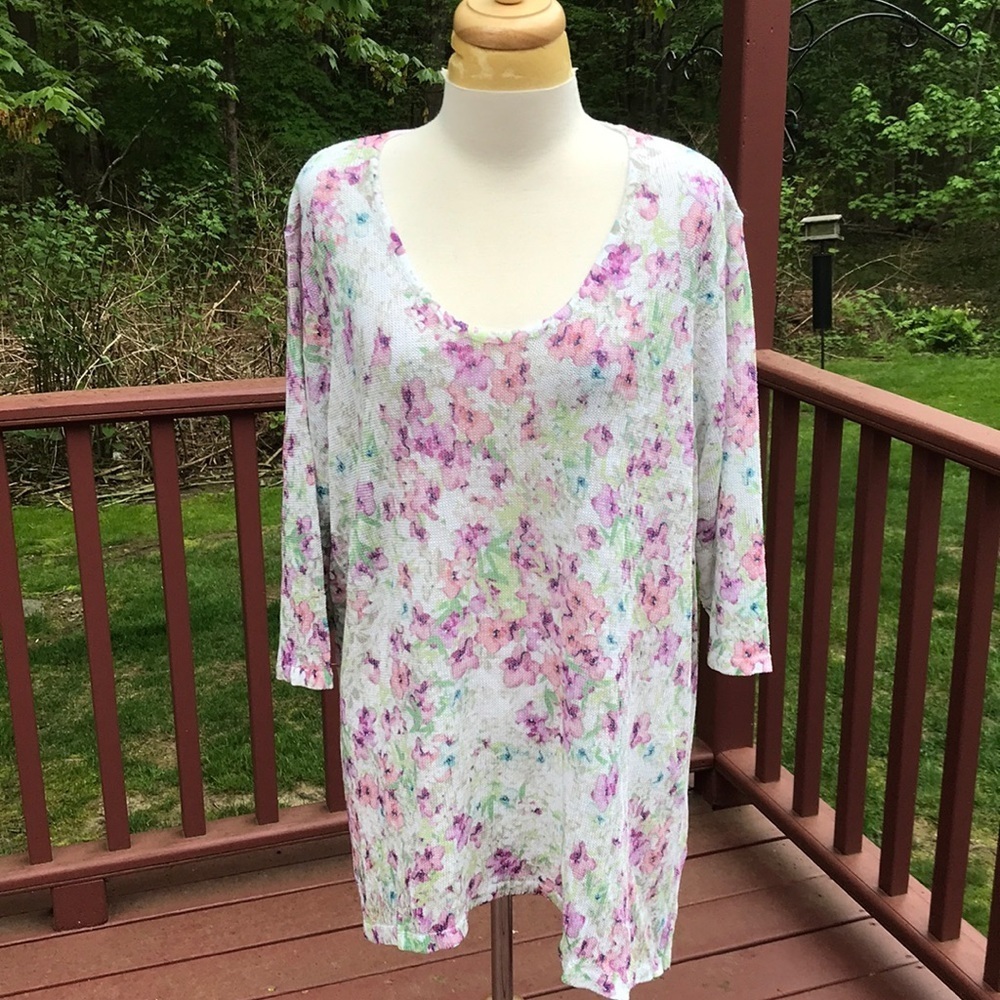 NWT! J. Jill 2X white multi knit linen blend top.